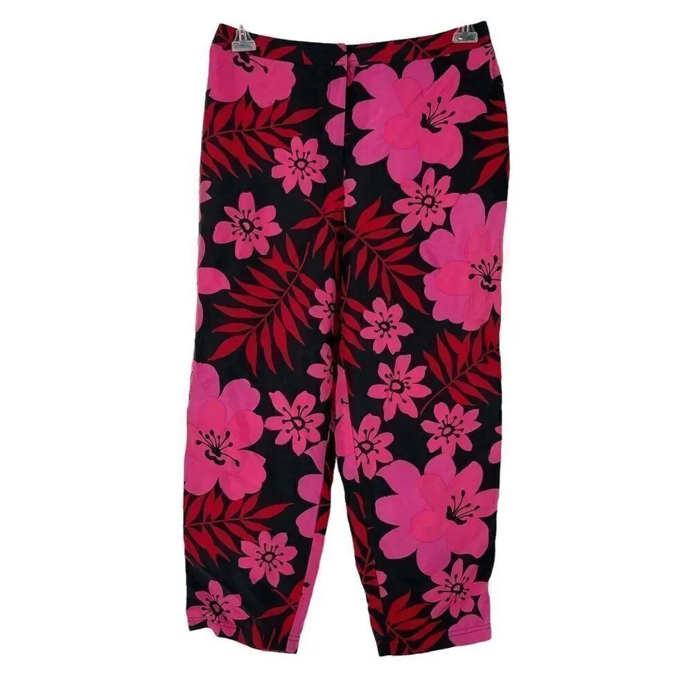 Casual Corner Silk Pants Cropped Pink Floral Womens Size 12 Lightweight Preppy